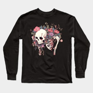 Sad Skeleton with Flowers Long Sleeve T-Shirt